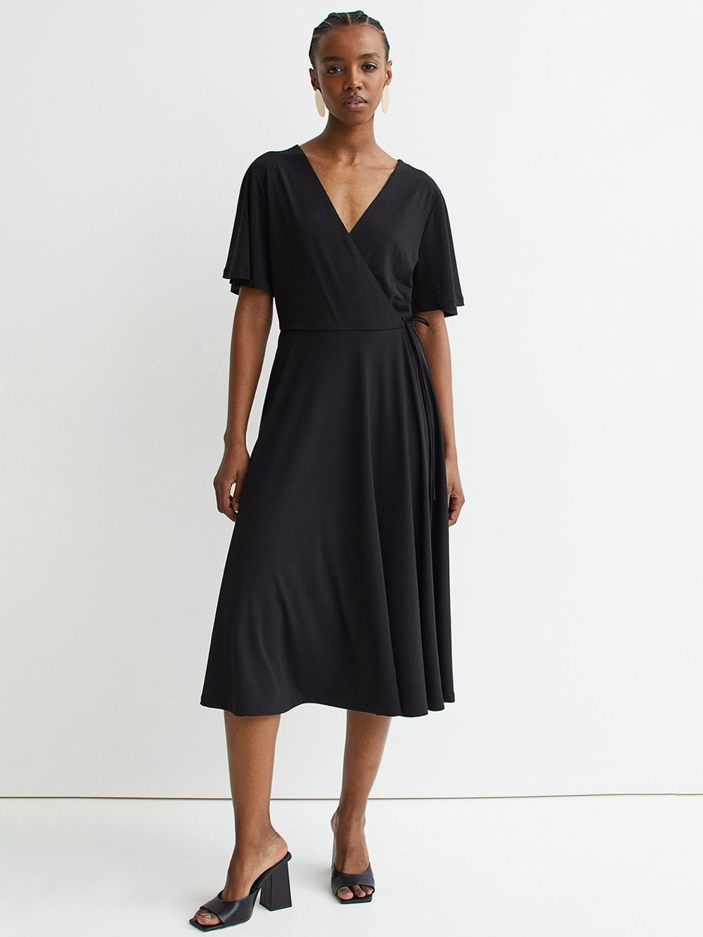 H&M Black Wrap Midi Dress with Short Sleeves